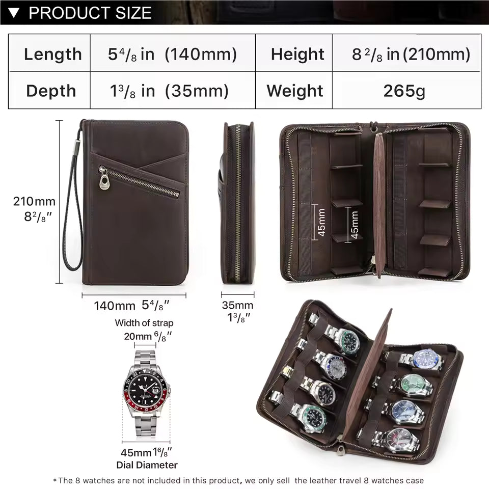 Crazy Horse Genuine Leather 8-Slot Zipper Watch Case - Travel Portable Watch Storage