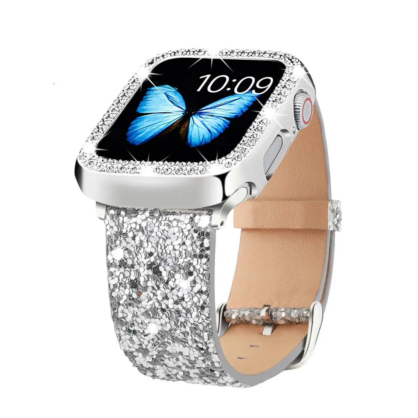 Fashion Shiny Fragments Leather Strap+PC Case for Apple Watch Band iWatch Series Ultra/9/8/7/6/5/4/SE