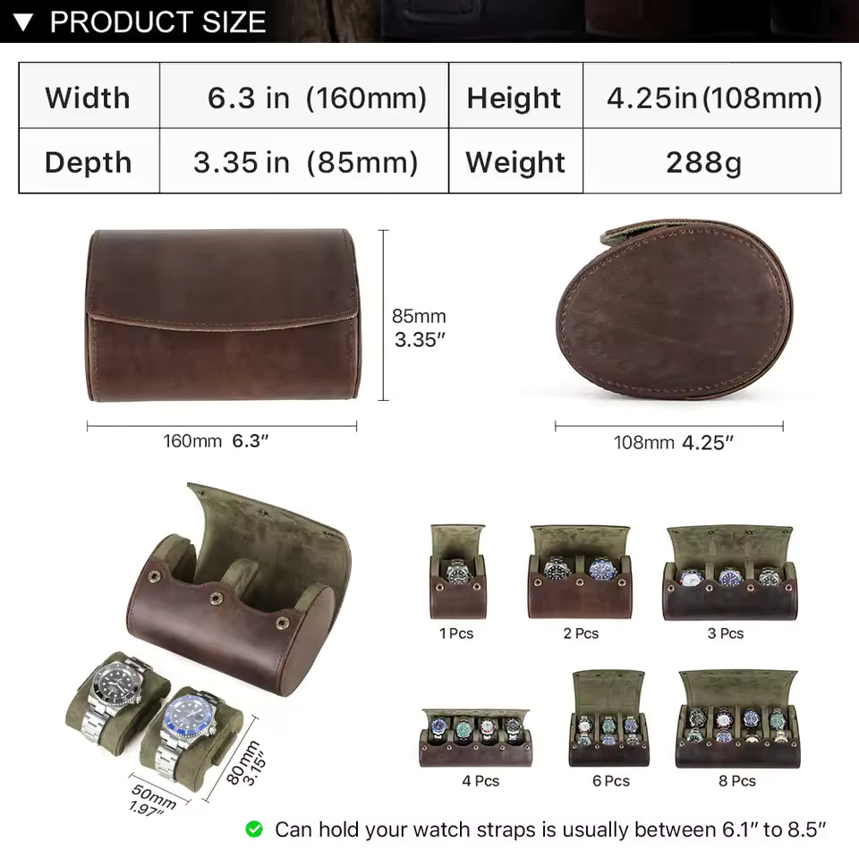 Genuine Cowhide Leather 2-Slot Watch Roll Case - Vintage Portable Watch Organizer