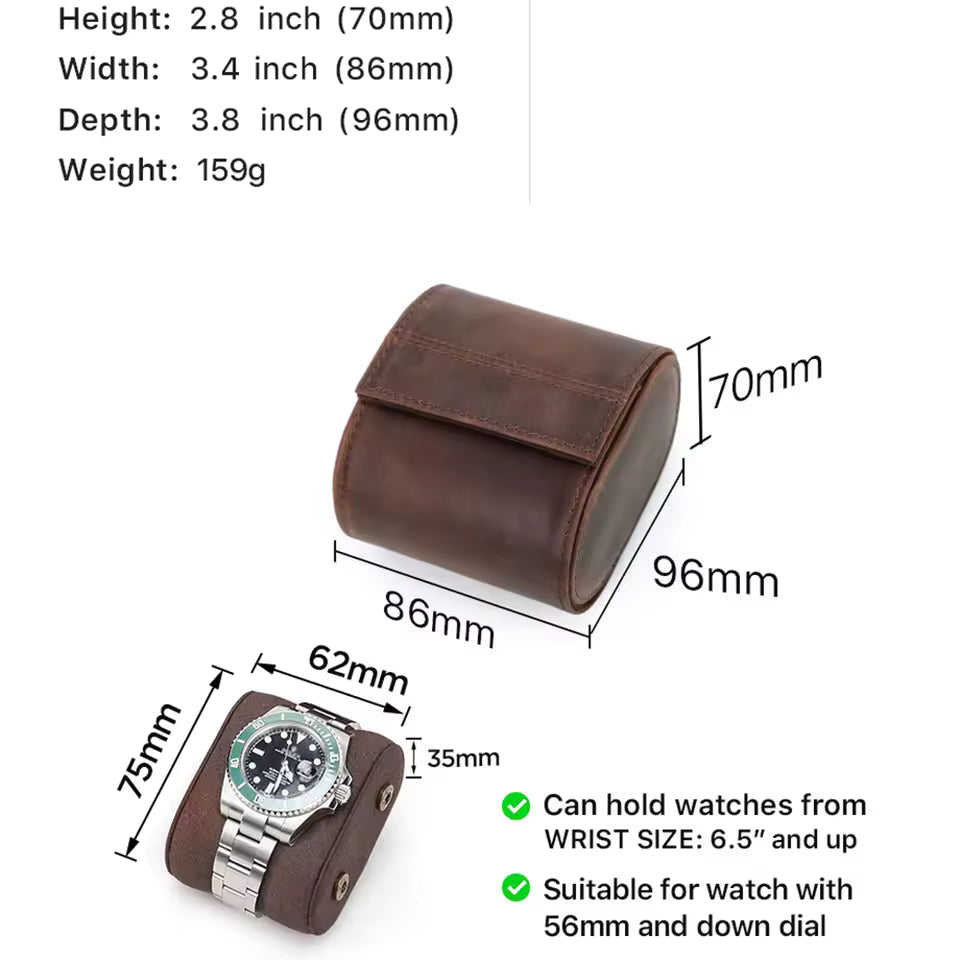Vintage Genuine Leather Single Slot Watch Roll Case - Travel Watch Storage Organizer