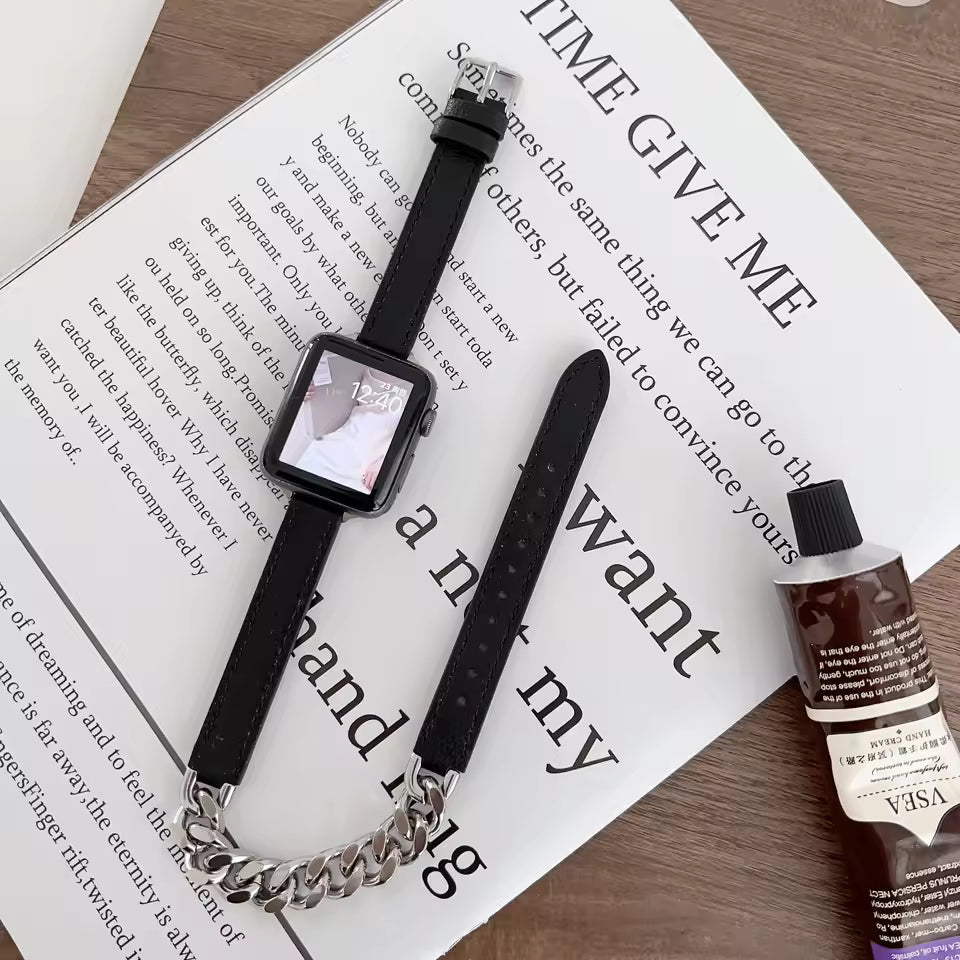 Gourmette Metal Double Tour Leather Bracelet for Apple Watch Band iWatch Series Ultra/9/8/7/6/5/4/SE