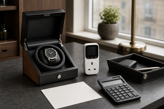 Automatic watch winder beside a power meter and calculator for UK running cost planning