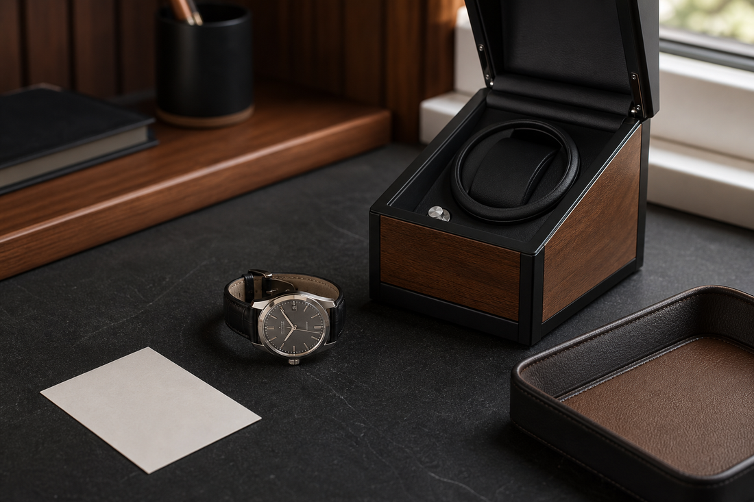 Stopped automatic watch beside an open single-slot winder before manual winding