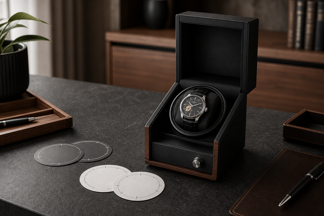 Automatic watch in an open winder beside blank rest-cycle cards