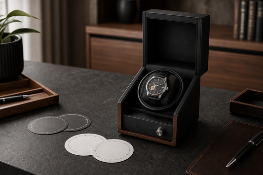 Automatic watch in an open winder beside blank rest-cycle cards