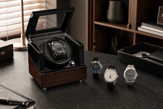 Automatic watches with date, GMT and moonphase complications beside an open winder