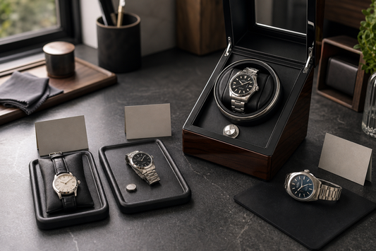 Manual-wind, quartz and solar watches beside an open automatic watch winder