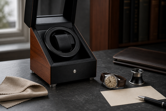 Vintage automatic watch beside an open single-slot winder and service note