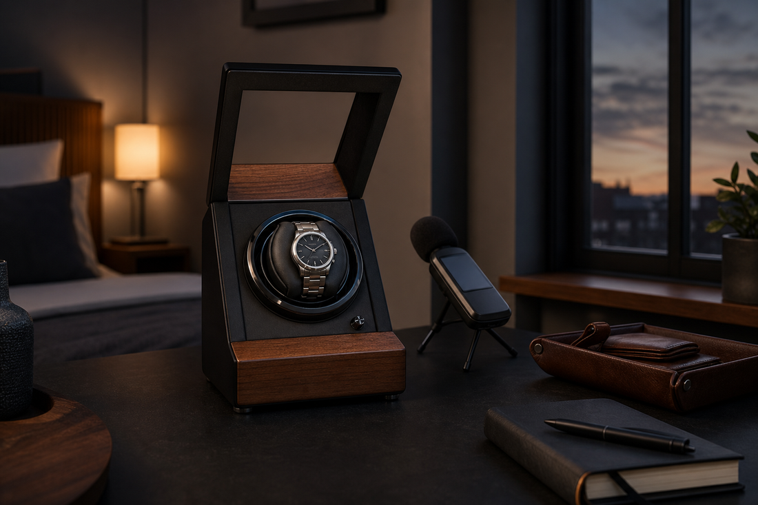 Quiet automatic watch winder on a bedroom office desk at dusk