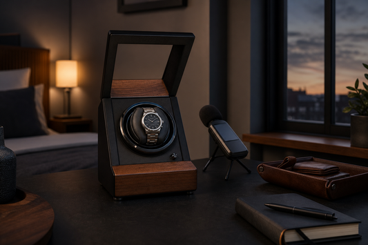 Quiet automatic watch winder on a bedroom office desk at dusk