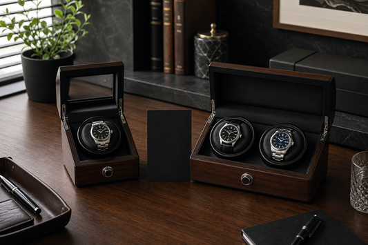 Single and double automatic watch winders on a UK home office desk