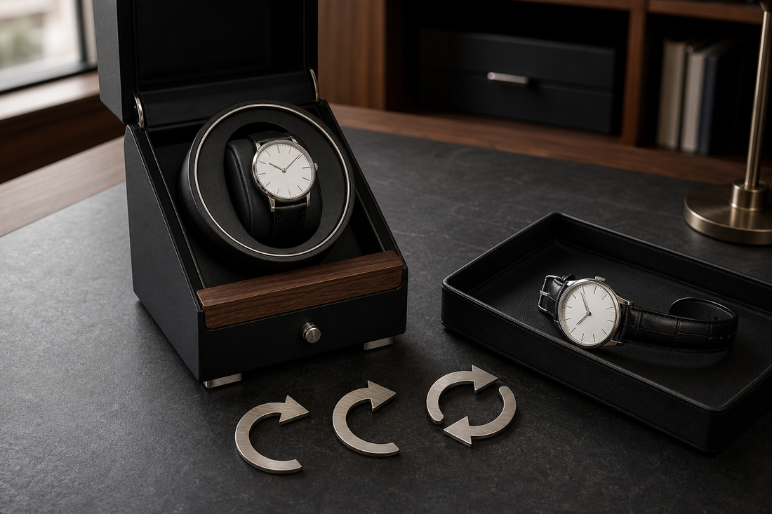 Automatic watch winder with clockwise and counter-clockwise direction markers on a UK desk