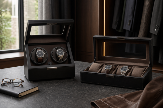 Automatic watch winder and watch box side by side on a UK home desk