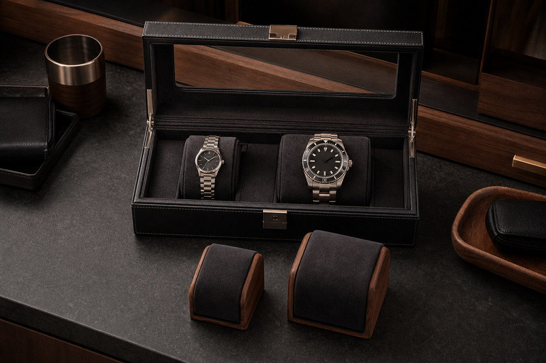 Open watch box with small and large watches on fitted cushions