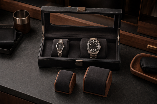 Open watch box with small and large watches on fitted cushions