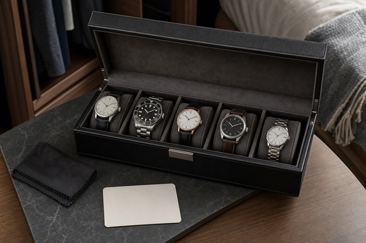 Open watch box with watches separated by clear gaps and dividers