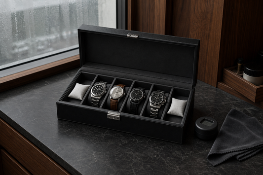 Open watch box with silica gel sachets placed safely away from watches