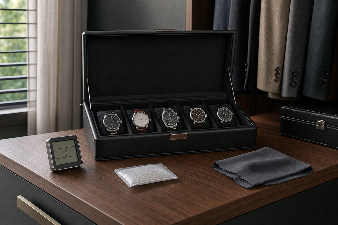 Open watch box with humidity monitor beside watches in a UK home
