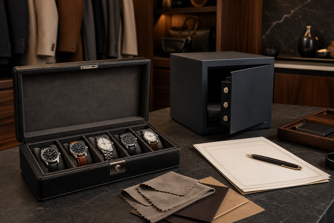 Lockable watch box beside a home safe for watch collection storage