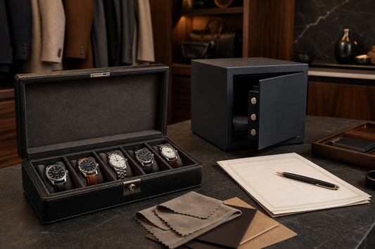 Lockable watch box beside a home safe for watch collection storage