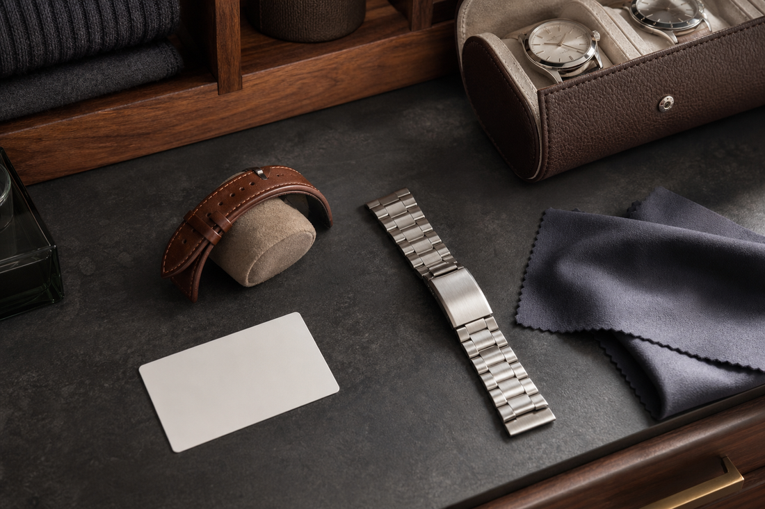 Leather watch strap and metal bracelet stored separately with soft supports