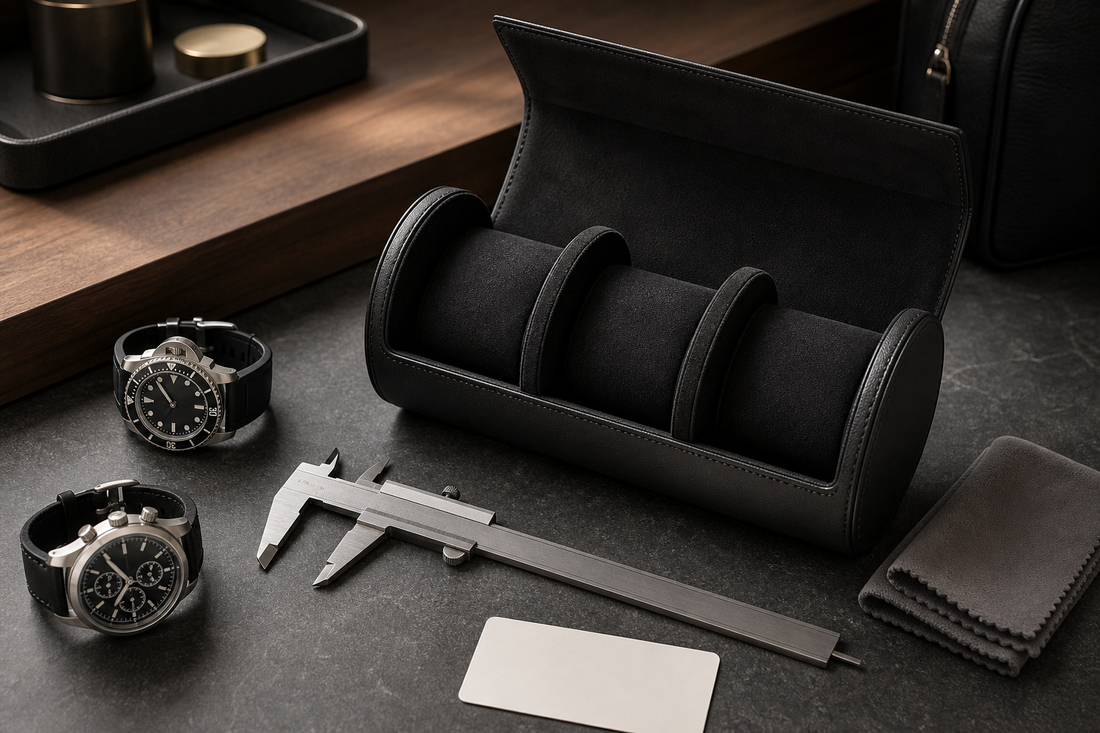 Open watch roll beside large diver and chronograph watches for travel fit checking