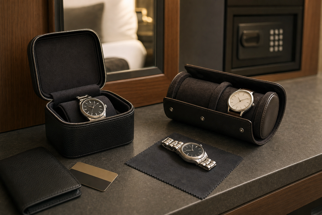 Hotel room watch case and watch roll with watches stored beside a safe