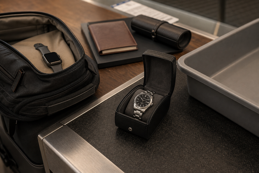 Watch case and smartwatch prepared for UK airport security screening