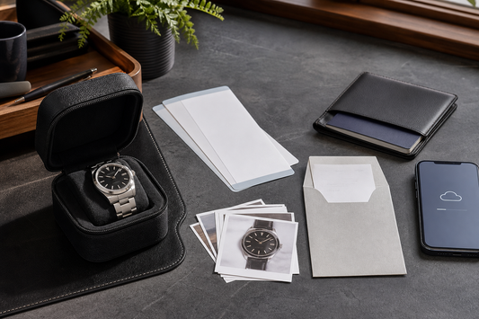 Watch case beside receipts and photos for travel insurance records