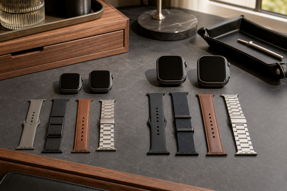 Apple Watch cases and bands arranged by small and large compatibility groups