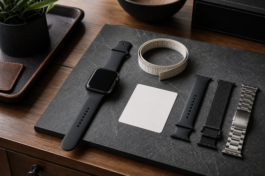 Apple Watch bands beside a measuring tape for wrist sizing