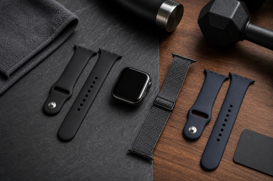 Silicone and nylon Apple Watch bands beside an unbranded smartwatch