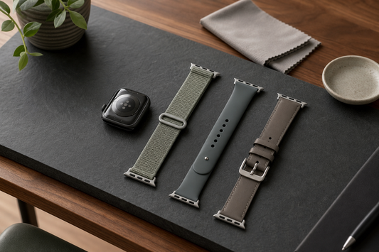 Nylon, silicone and leather Apple Watch bands beside an unbranded smartwatch