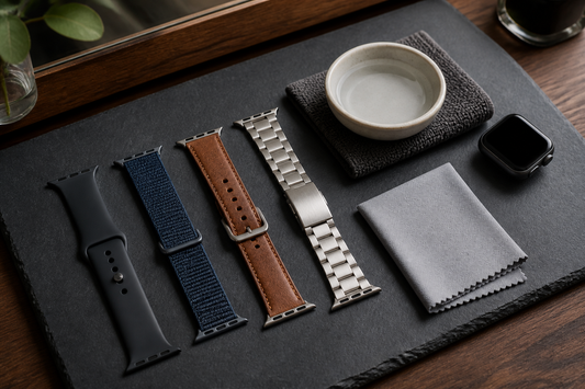 Silicone, nylon, leather and metal Apple Watch bands arranged for safe cleaning