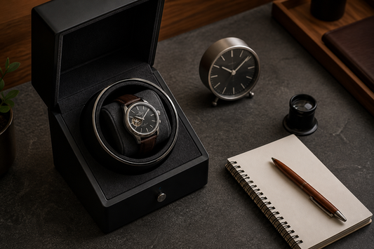 Automatic watch in a winder beside a notebook and desk clock for testing settings