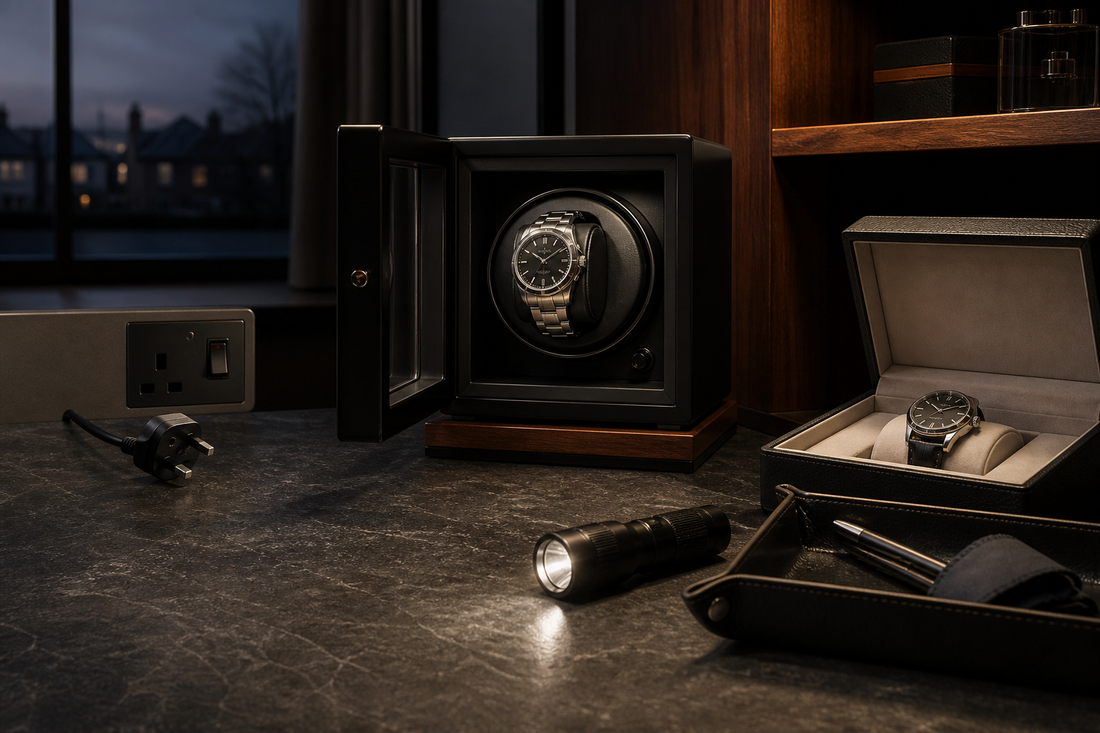 Automatic watch winder stopped during a UK power cut beside a torch and watch box