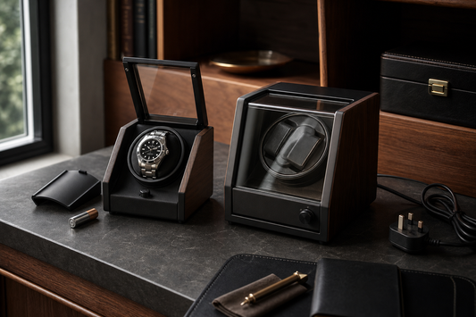 Battery-powered and mains-powered watch winders compared on a UK home study shelf