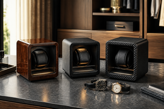 Wood, leather-look and carbon-fibre-style watch winders arranged on a UK dressing room surface