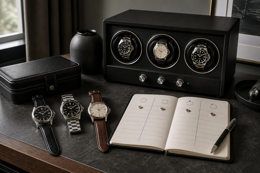 Watch winder and settings notebook for recording TPD and direction across a growing collection