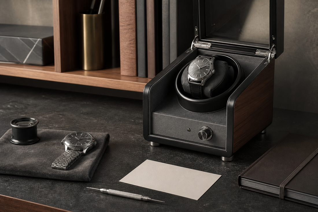 Automatic watch winder beside a service card and watchmaker tools