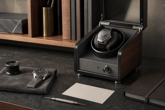 Automatic watch winder beside a service card and watchmaker tools