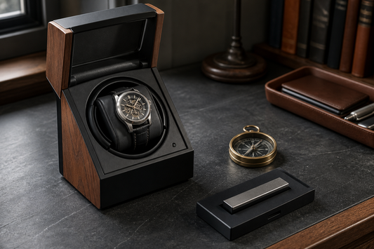 Watch winder beside a compass and demagnetising tool for magnetism checks