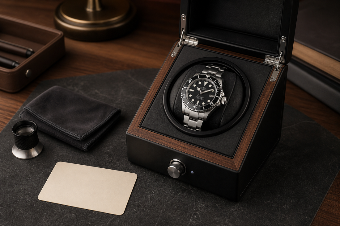 Automatic watch in a winder with screw-down crown ready to be secured
