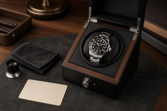 Automatic watch in a winder with screw-down crown ready to be secured