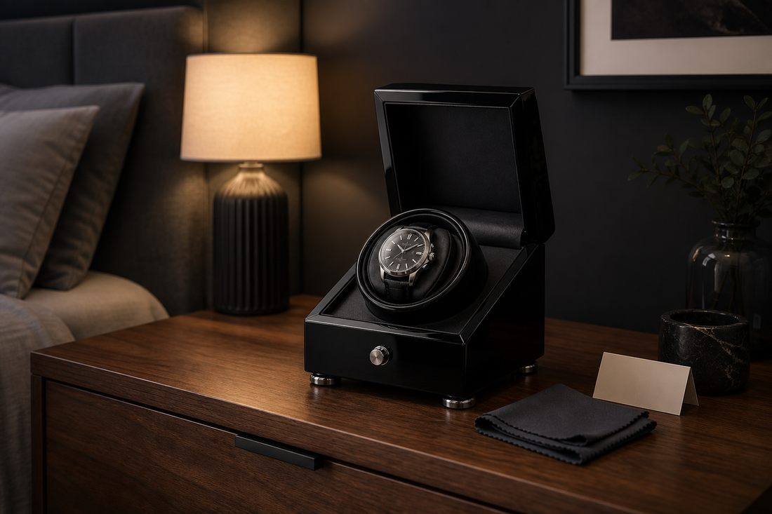 Quiet watch winder on a bedside dresser for bedroom placement
