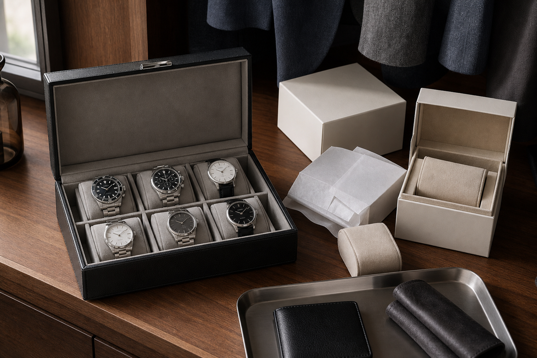 Watch box beside original packaging for everyday watch storage