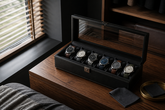 Open watch box displayed in shade away from direct sunlight