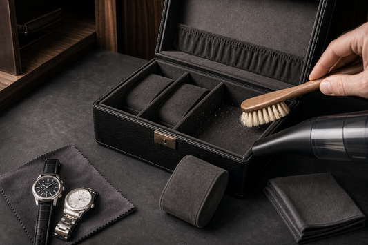 Soft brush removing dust from watch box cushions and lining