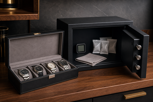 Home safe with watch box, hygrometer and silica gel for dry watch storage