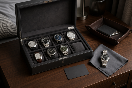 Open watch box arranged for daily watch rotation on a walnut dresser